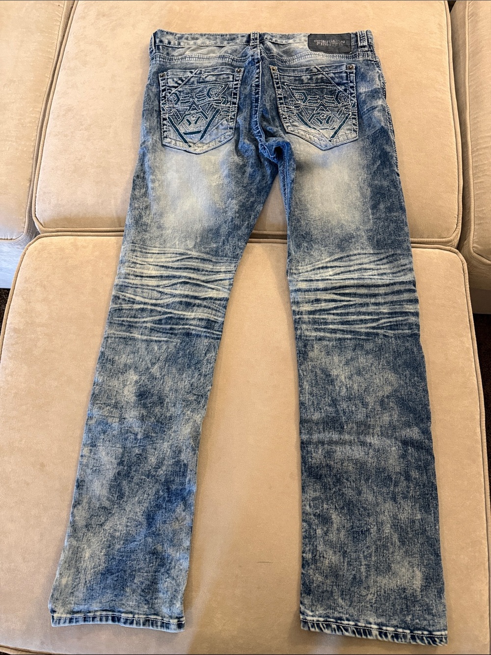 American Fighter Faded Blue Straight Jeans with Embroidered Back Pockets